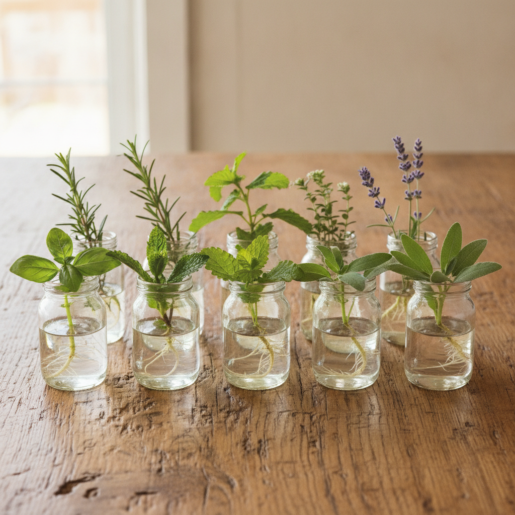 Ten small clear glass jars of homemade herb cuttings arranged on a weathered oak farmhouse counter, each jar holding a labeled sprig of basil, mint, lemon balm, oregano, sage, rosemary, French tarragon, scented geranium, thyme, or lavender, warm morning window light