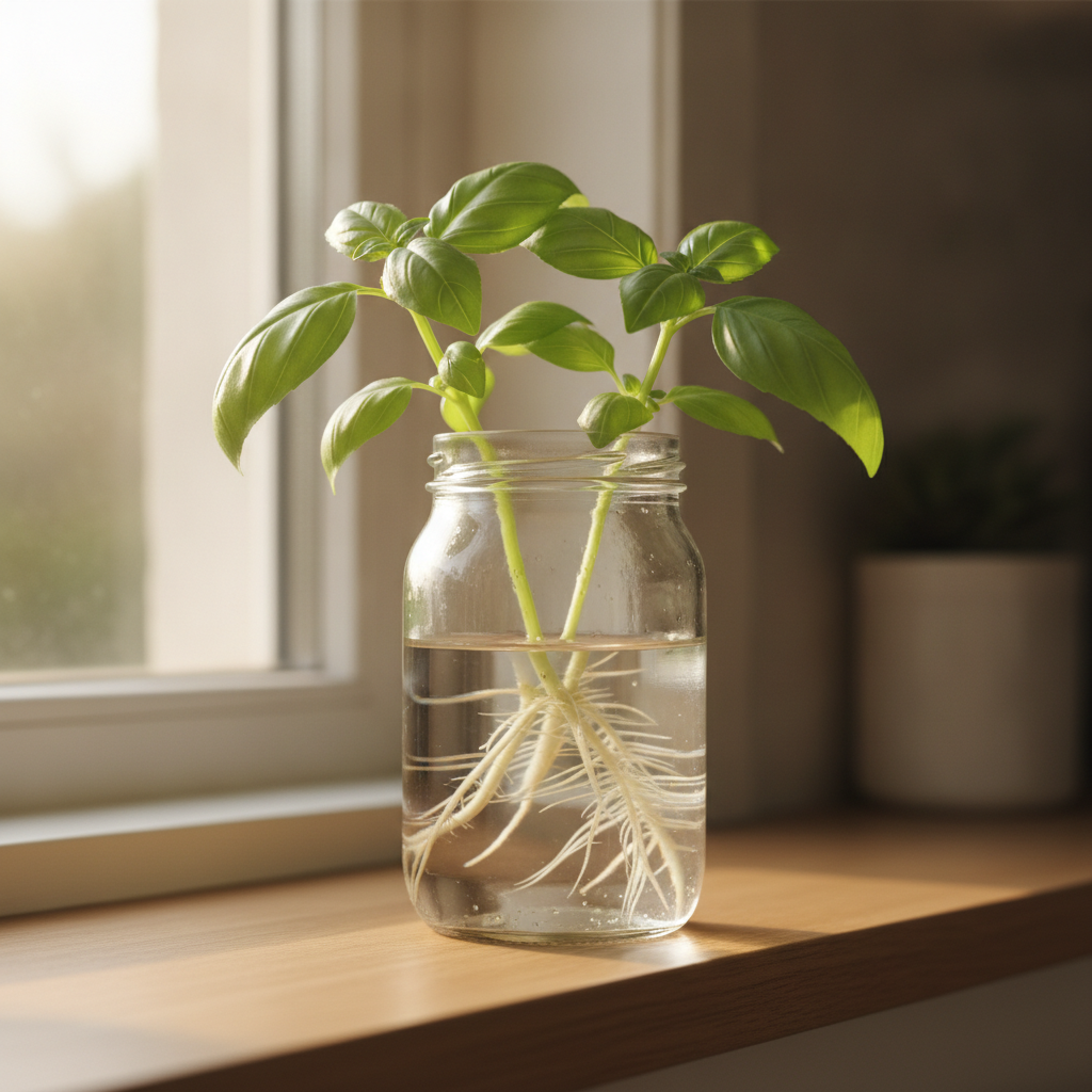 Clear glass jar on a windowsill holding two Genovese basil cuttings with visible white roots reaching about an inch below the leaf nodes, soft morning sunlight passing through the water