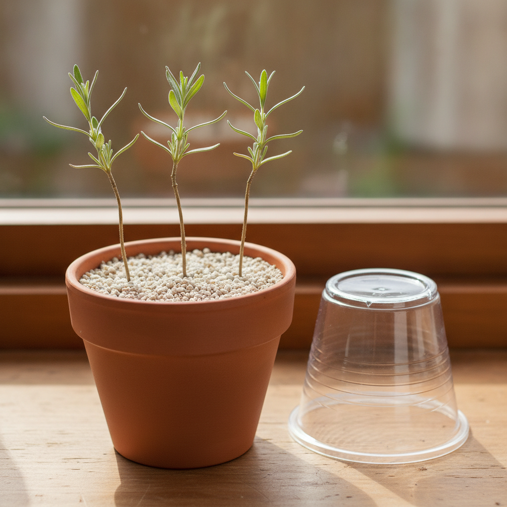 Three English lavender cuttings pressed into a small pot of pale sand-perlite mix on a wooden windowsill, silver-green needle-like leaves catching bright indirect light, a clear inverted plastic cup beside the pot