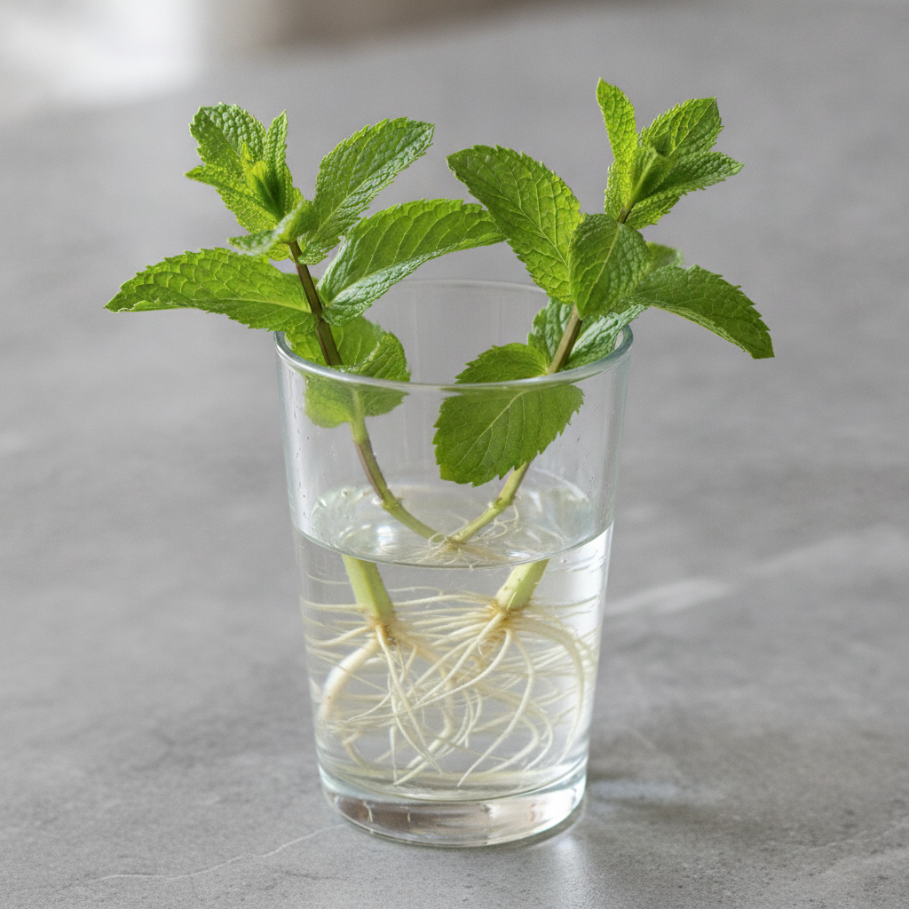 Two spearmint stem cuttings in a clear drinking glass on a kitchen counter, thick roots visible in the water and fresh new leaves emerging at the top