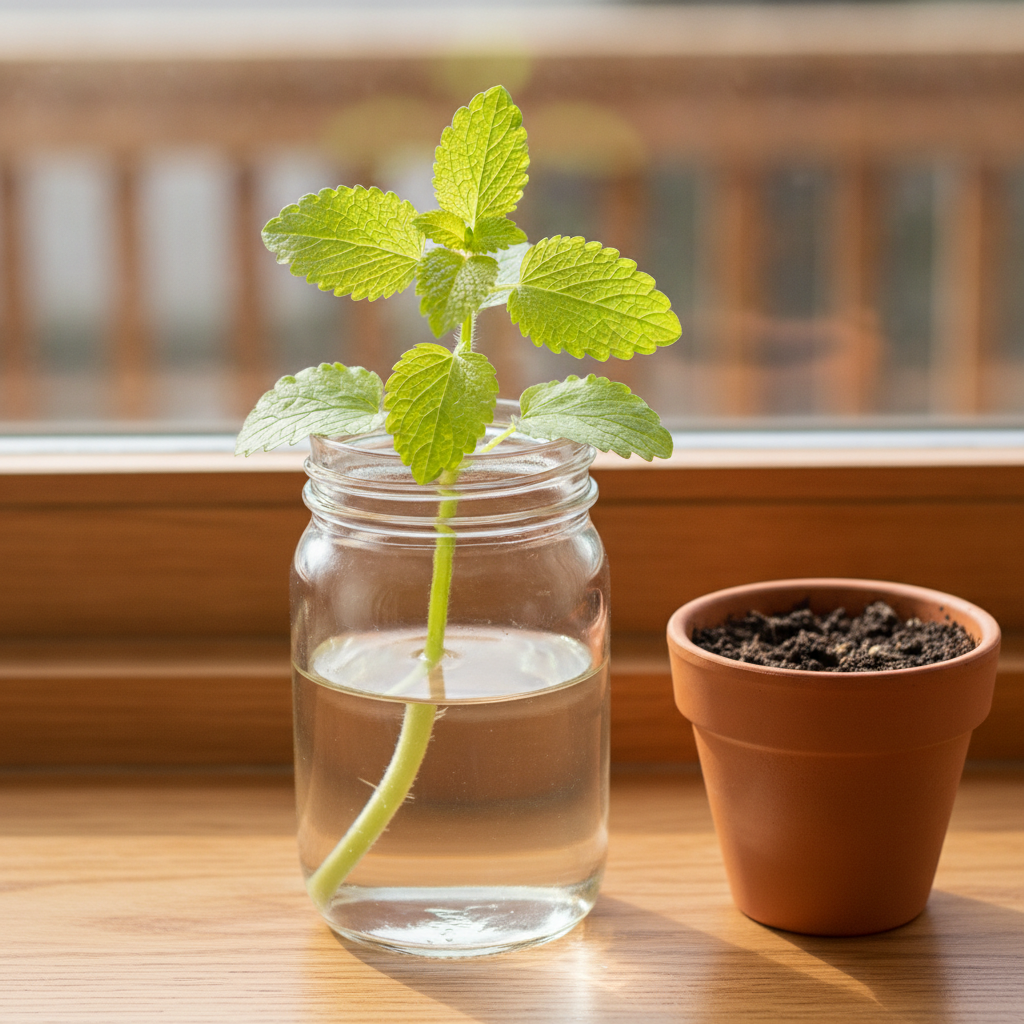 A single lemon balm cutting standing in a small mason jar of water on a wooden windowsill beside a small unlabeled terracotta pot of moist potting soil