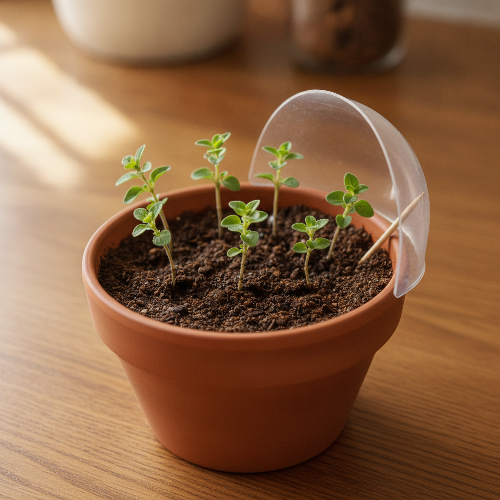 Six Greek oregano cuttings pushed into moist dark potting soil in a small terracotta pot, a clear plastic dome partially covering the top, on a kitchen counter in soft light