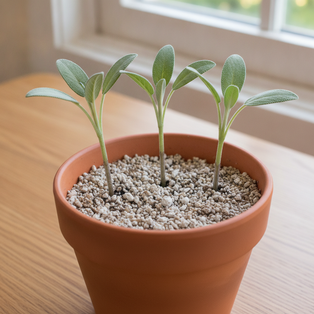 Three garden sage cuttings inserted into a small terracotta pot of pale perlite and potting soil mix, silvery-green leaves catching soft afternoon light near a bright window