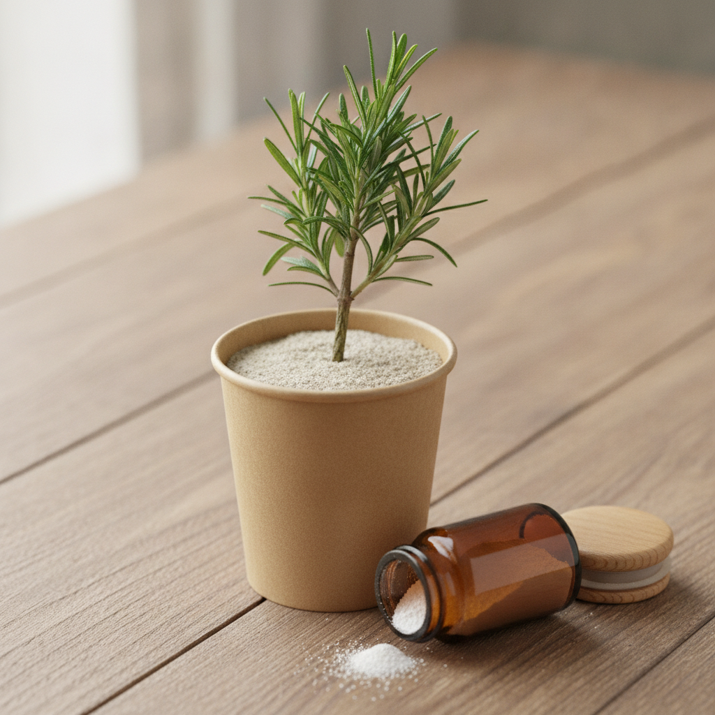 A single rosemary cutting inserted into a small brown paper cup of coarse sand, its lower leaves stripped away, a small amber jar of rooting hormone powder beside it on a wooden potting bench