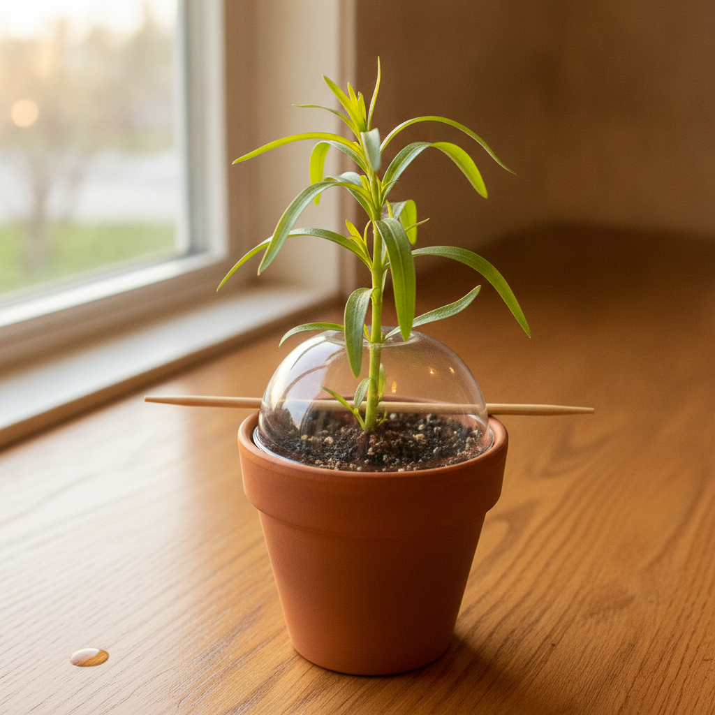 A single French tarragon cutting standing upright in a small pot of moist peat-perlite mix, thin bright green leaves fanning out from the stem, a plastic dome beside the pot