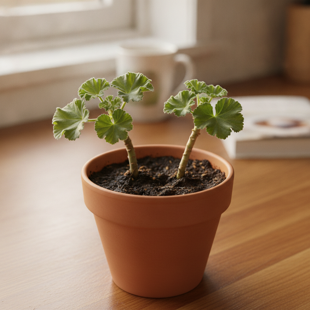 Two rose-scented pelargonium cuttings pushed into moist dark potting mix in a small terracotta pot on a bright kitchen counter, ruffled velvety green leaves catching soft light