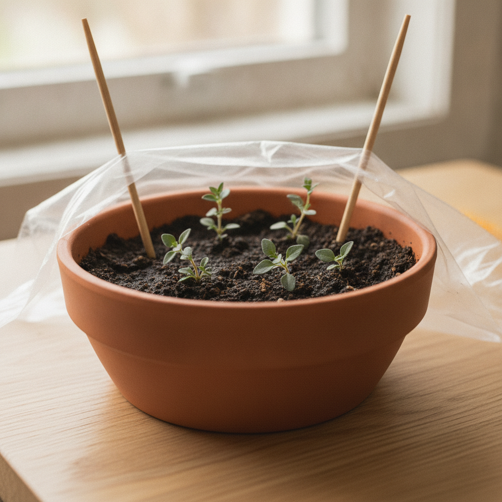 Four short thyme tip cuttings inserted into moist dark potting soil in a shallow terracotta bulb pan, tiny leaves silhouetted against soft window light, a chopstick-propped plastic bag draped loosely over the pot