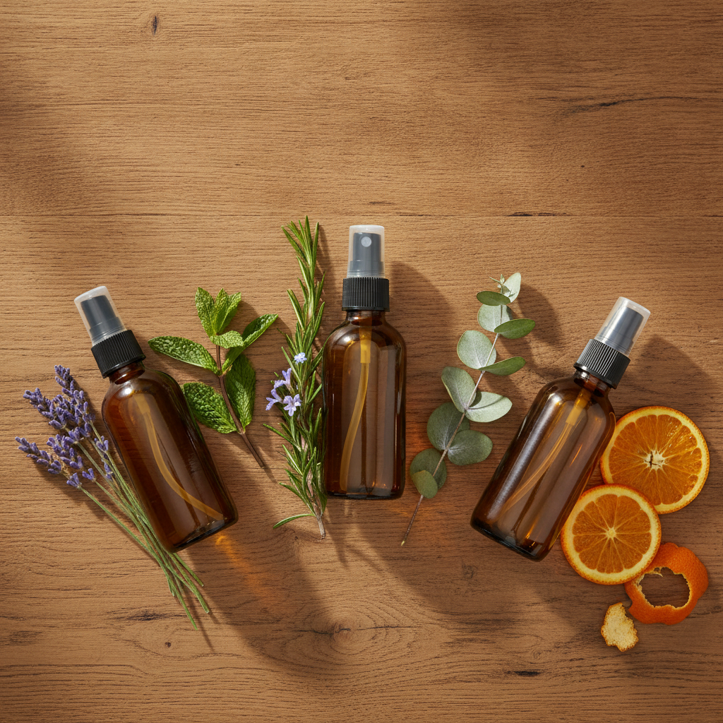 Five amber glass spray bottles of homemade herbal room sprays lined up on a wooden farmhouse counter with fresh sprigs of lavender, peppermint, rosemary, eucalyptus, and orange slices arranged in front of them