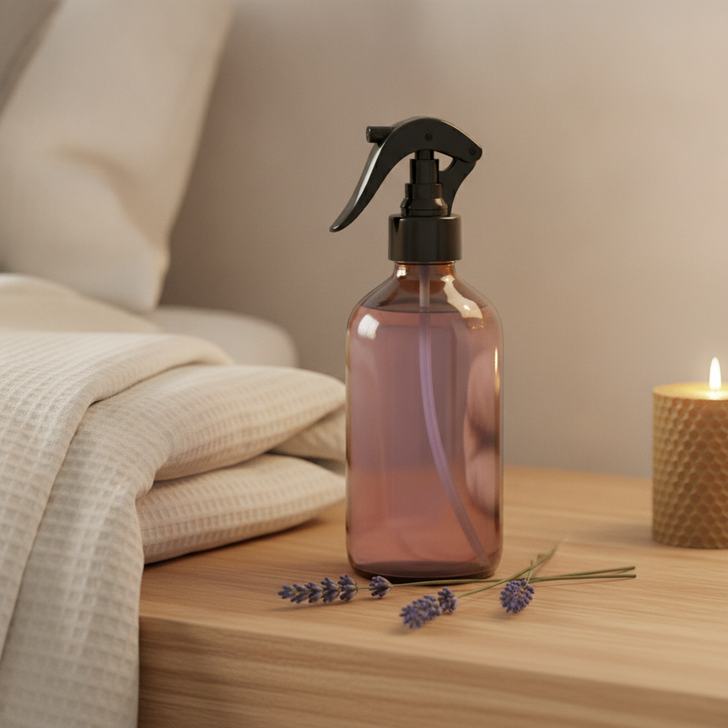 Amber glass spray bottle of homemade lavender room spray on a nightstand beside a folded linen quilt and a fresh sprig of lavender