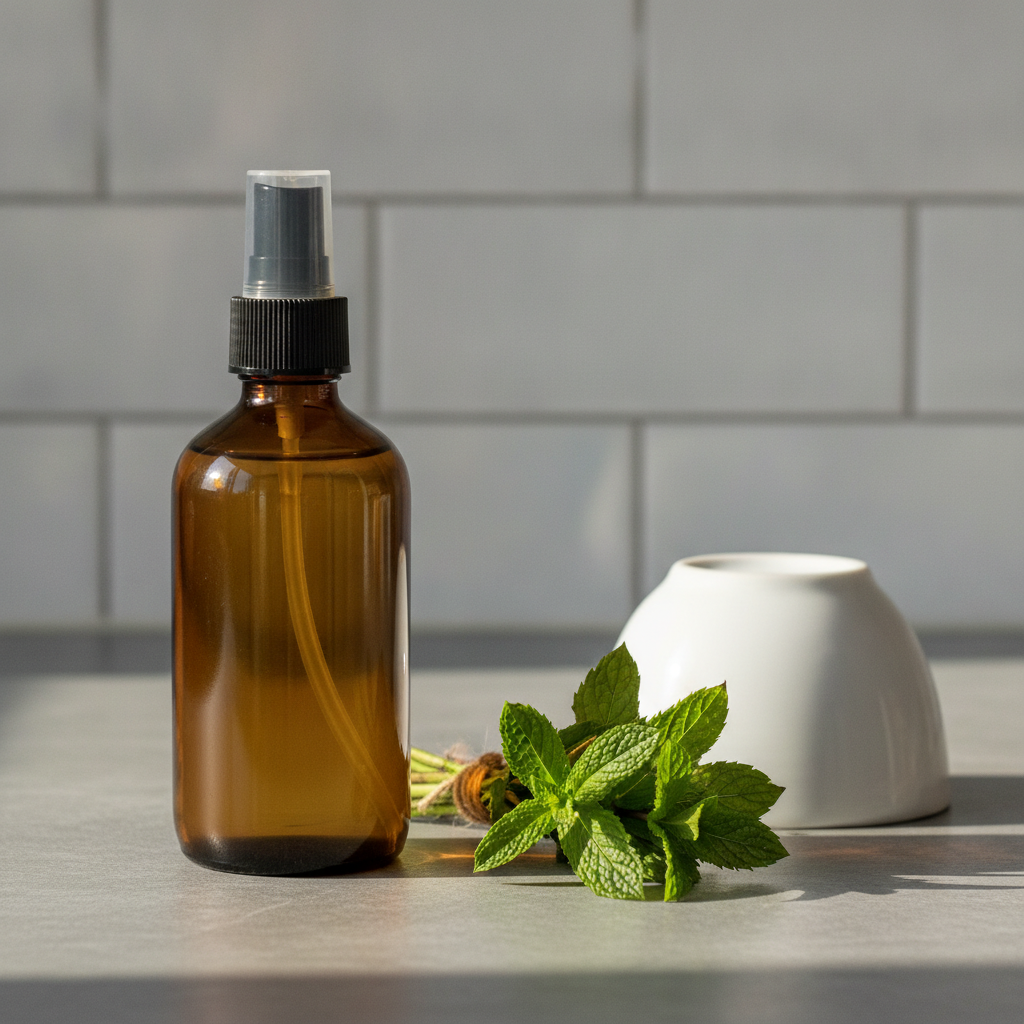 Homemade peppermint room spray in a plain amber bottle on a stone kitchen counter with a small bundle of fresh peppermint stems