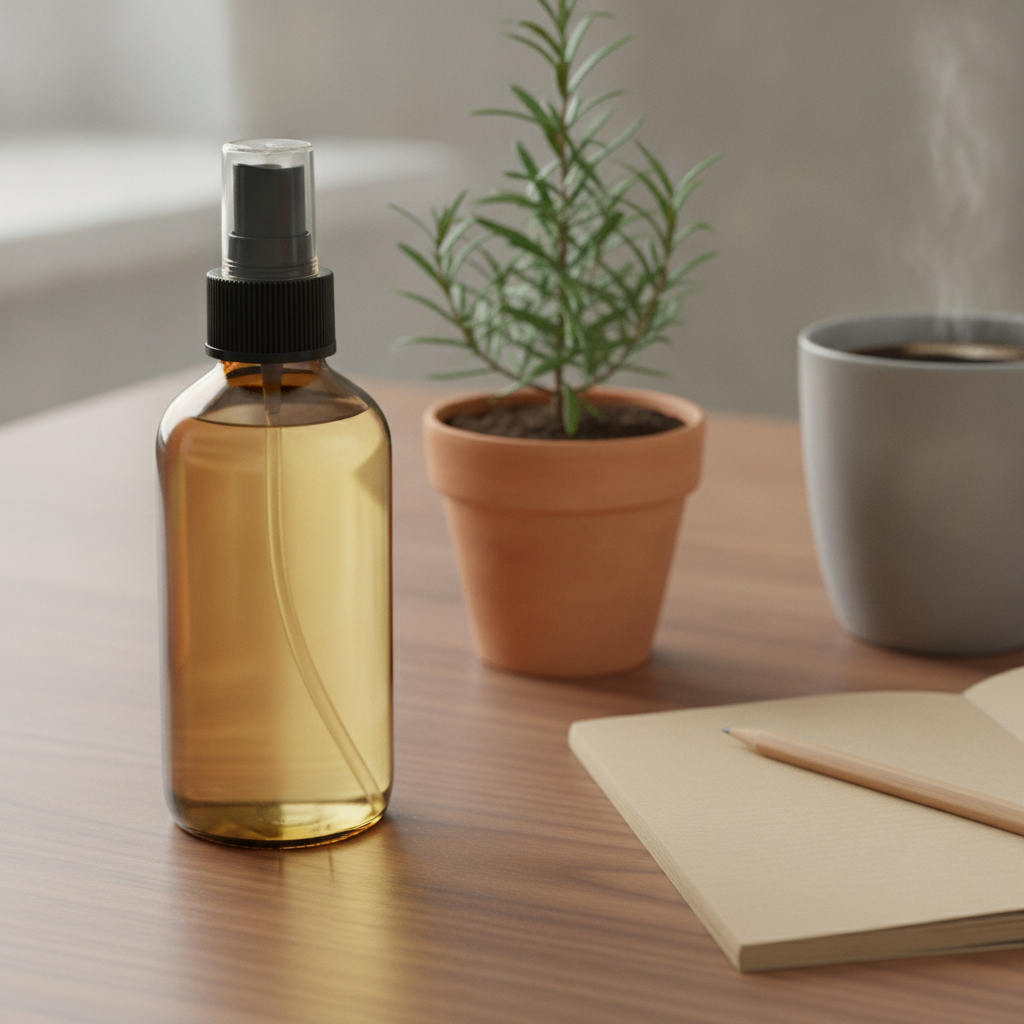 Amber spray bottle of rosemary room mist on a home office desk beside a small potted rosemary plant and an open notebook