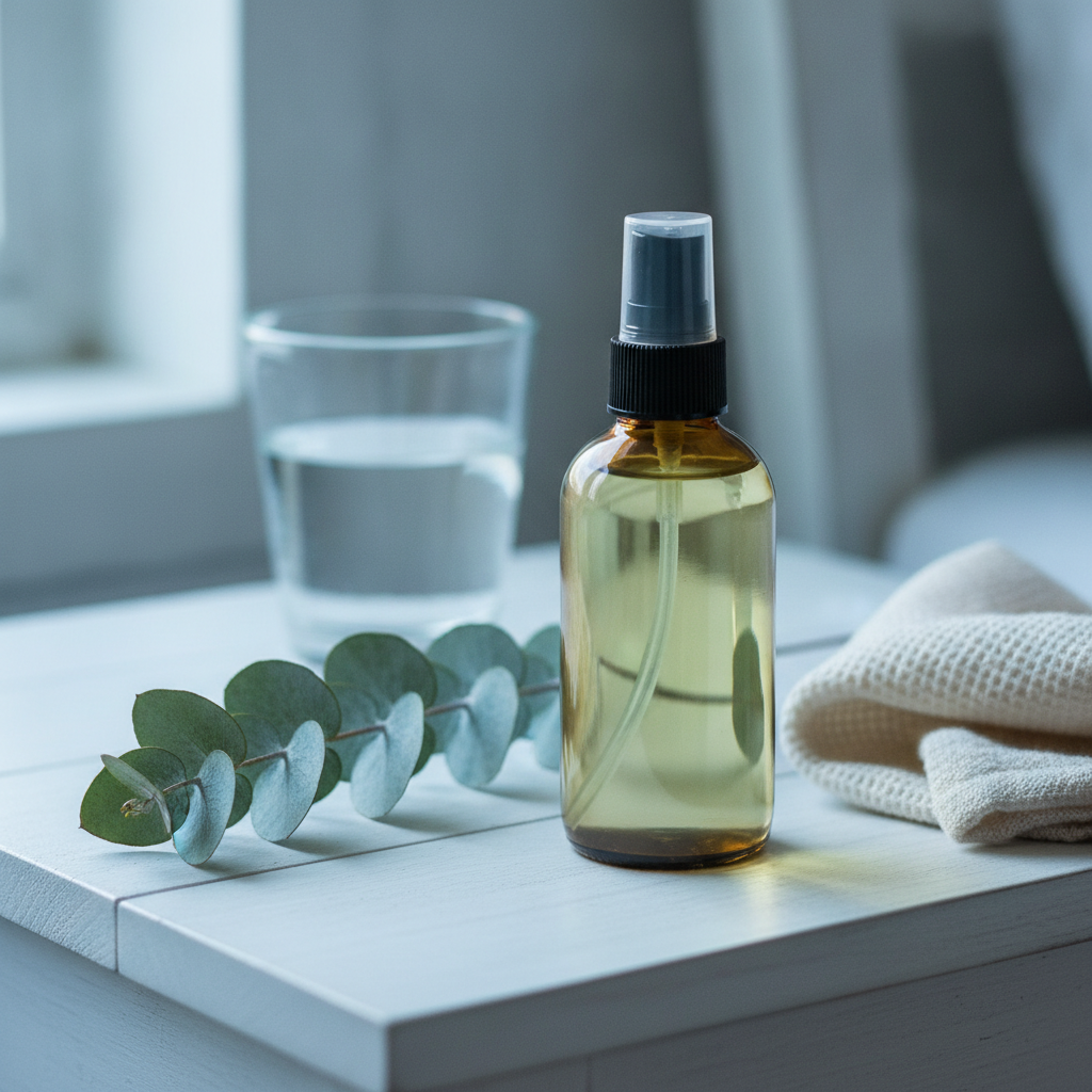 Homemade eucalyptus room spray on a bedside table with a fresh eucalyptus branch and a glass of water in soft window light