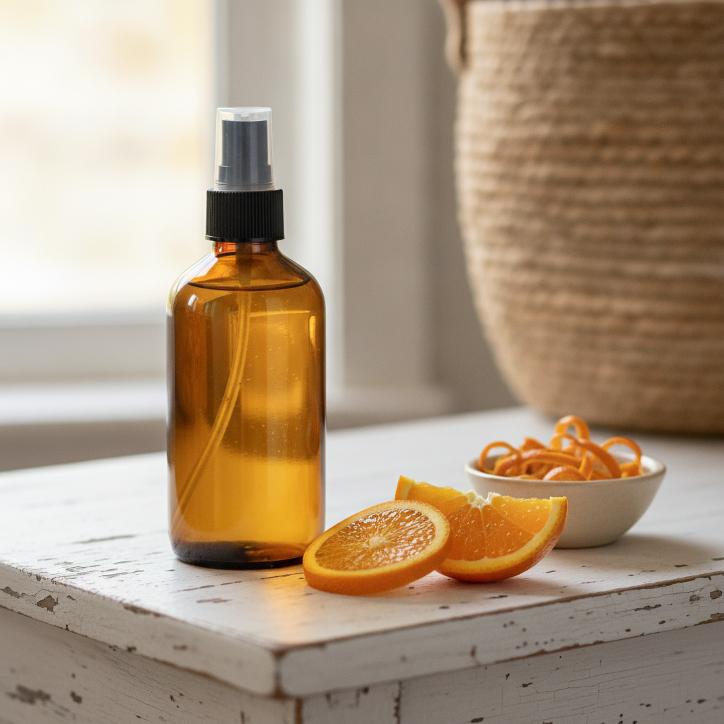 Amber glass spray bottle of sweet orange room spray on an entryway table with fresh orange slices, dried orange peels, and a small ceramic bowl