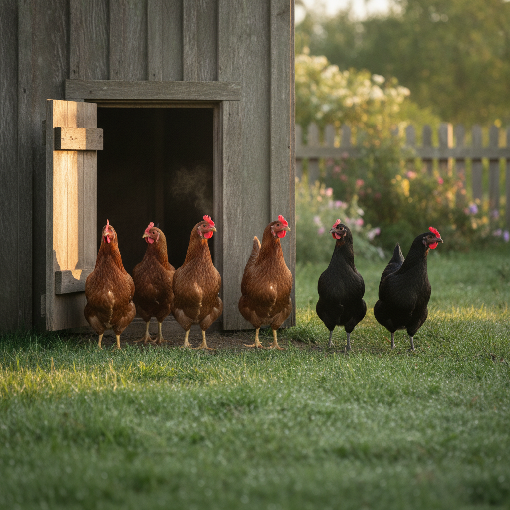 A small backyard flock of brown and black hens standing at the door of a wooden coop on a cool morning, breath faintly visible in the air