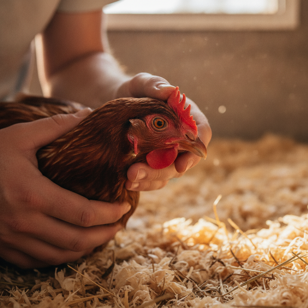 Close-up of a Rhode Island Red hen with slightly ruffled neck feathers and a watery eye, standing in fresh pine-shaving bedding