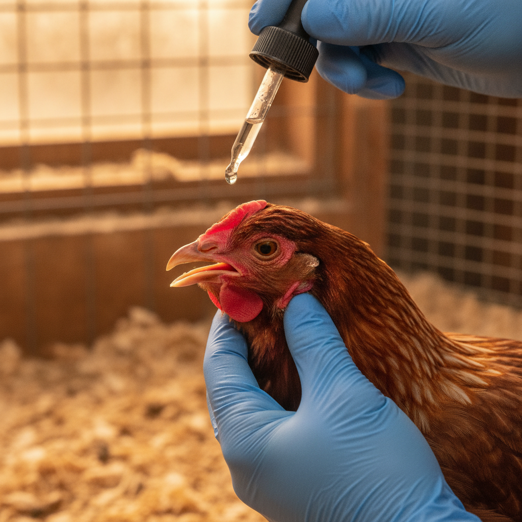 A gloved hand holding an eyedropper near a brown hen's face during a health check inside a clean chicken coop