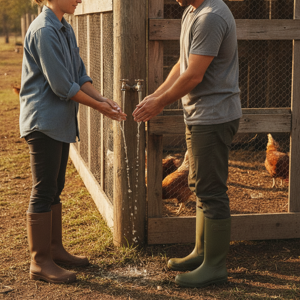 Two chicken keepers washing hands at an outdoor spigot next to a rustic wooden coop, muck boots on the ground beside them