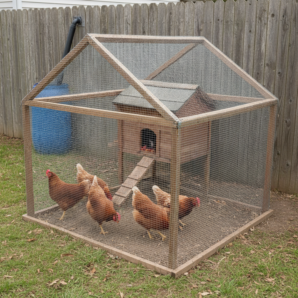 A covered chicken run with hardware cloth on top, hens scratching at bare earth beneath, and a rain barrel with a secure lid in the background