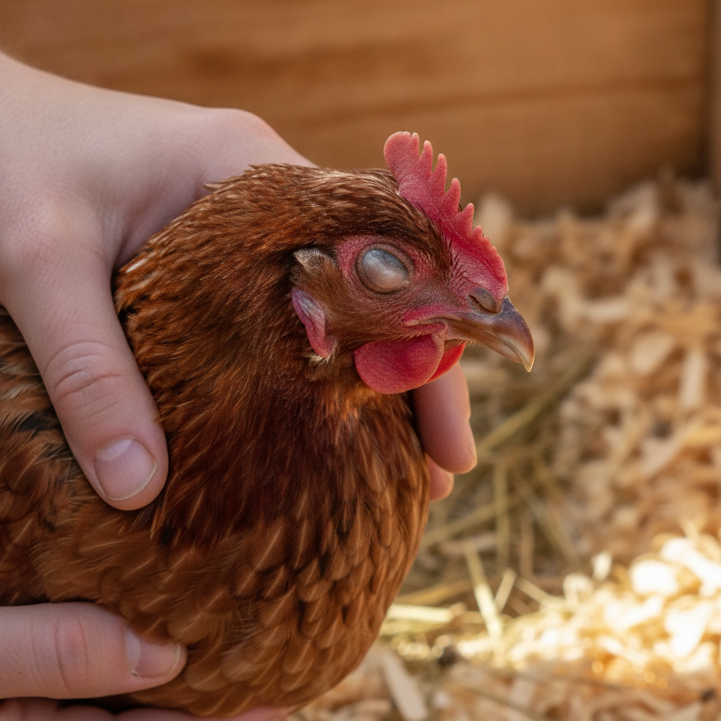 A backyard hen with slightly swollen face and closed eye being gently examined by a keeper's hands in a bright coop with wood shavings