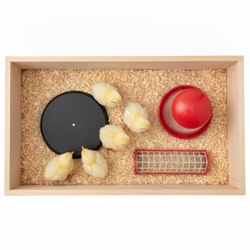 A clean brooder box lined with fresh dry pine shavings, a heat plate on one side, and week-old yellow chicks huddled beneath it