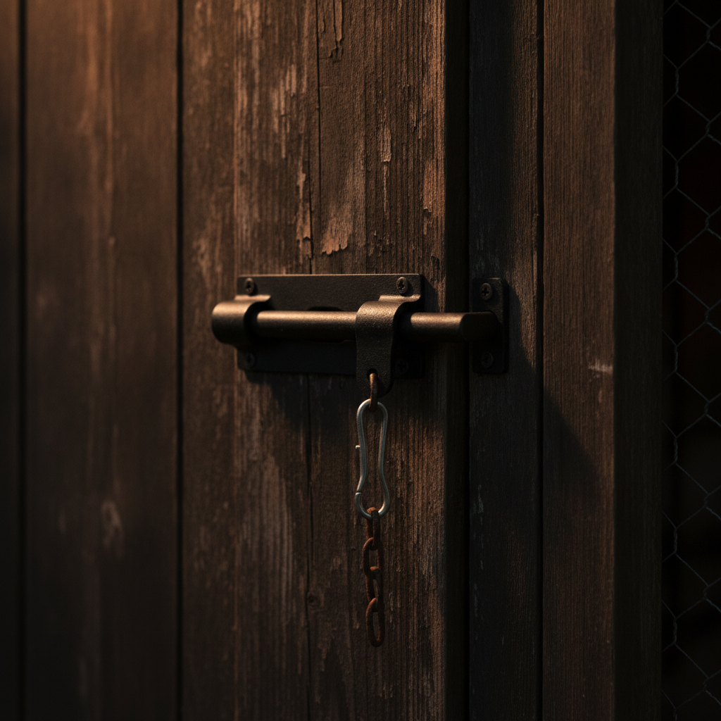A dark rustic wooden chicken coop at night showing a heavy barrel-bolt latch on the pop door, close-up view under a warm porch light