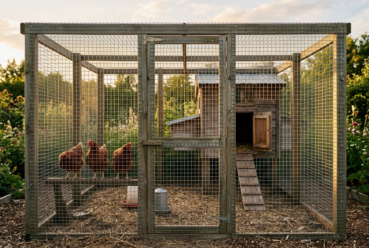 A backyard chicken run covered with hardware cloth over the top and along the sides, hens roosting inside a small wooden coop beneath, night sky above