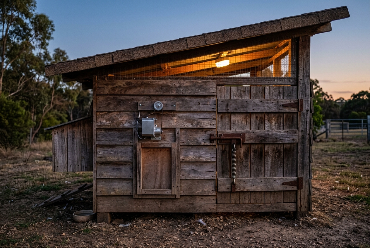 A wooden chicken coop with an automatic pop door mounted above the entrance, closed at dusk, warm interior light glowing through the coop window