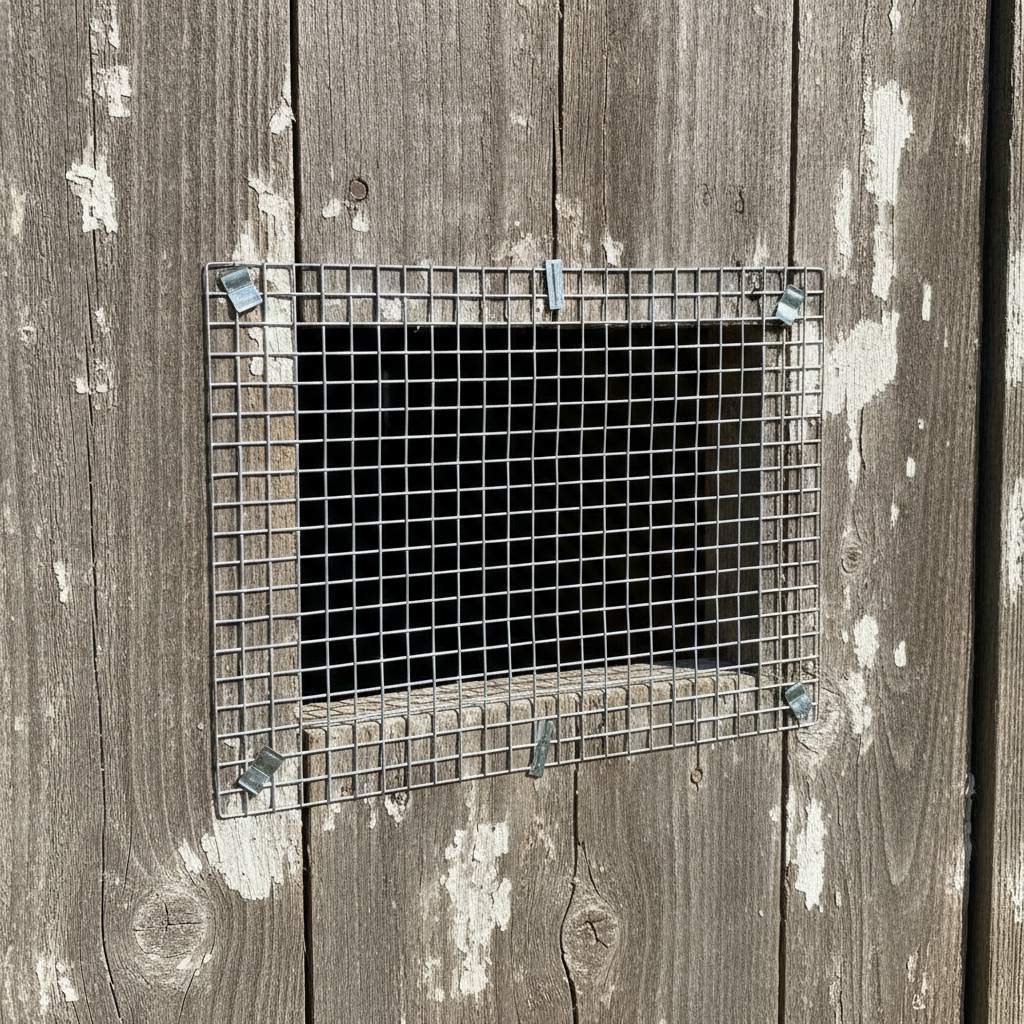 Close-up of half-inch galvanized hardware cloth stapled tightly around a small wooden vent opening on the side of a rustic chicken coop