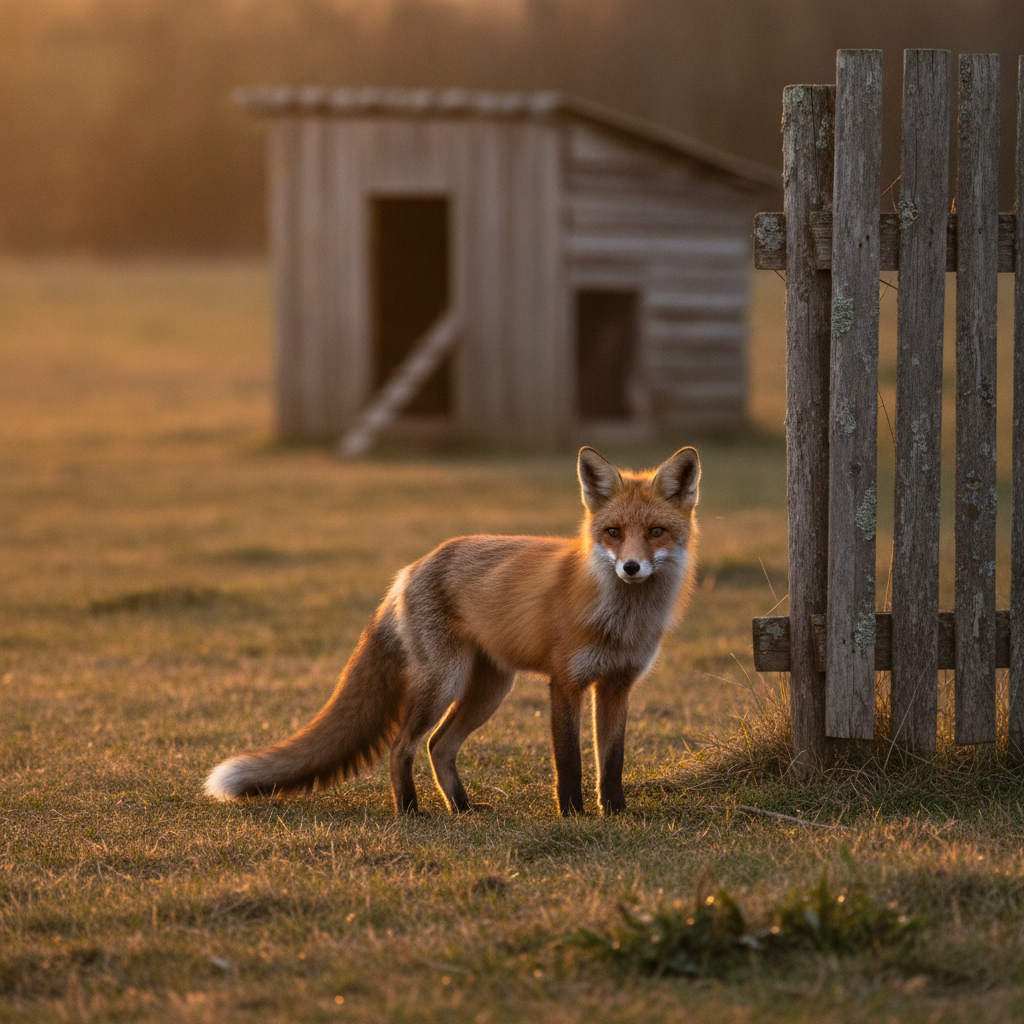 A red fox in low grass at dusk near a wooden fence, blurred chicken coop in the background, warm late-evening light