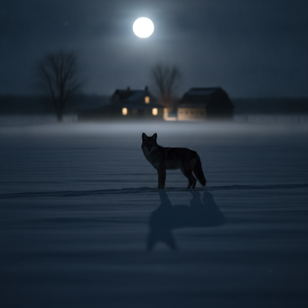 A coyote silhouetted at the edge of a snowy field at night, distant lights of a farmhouse in the background, moonlight casting long shadows