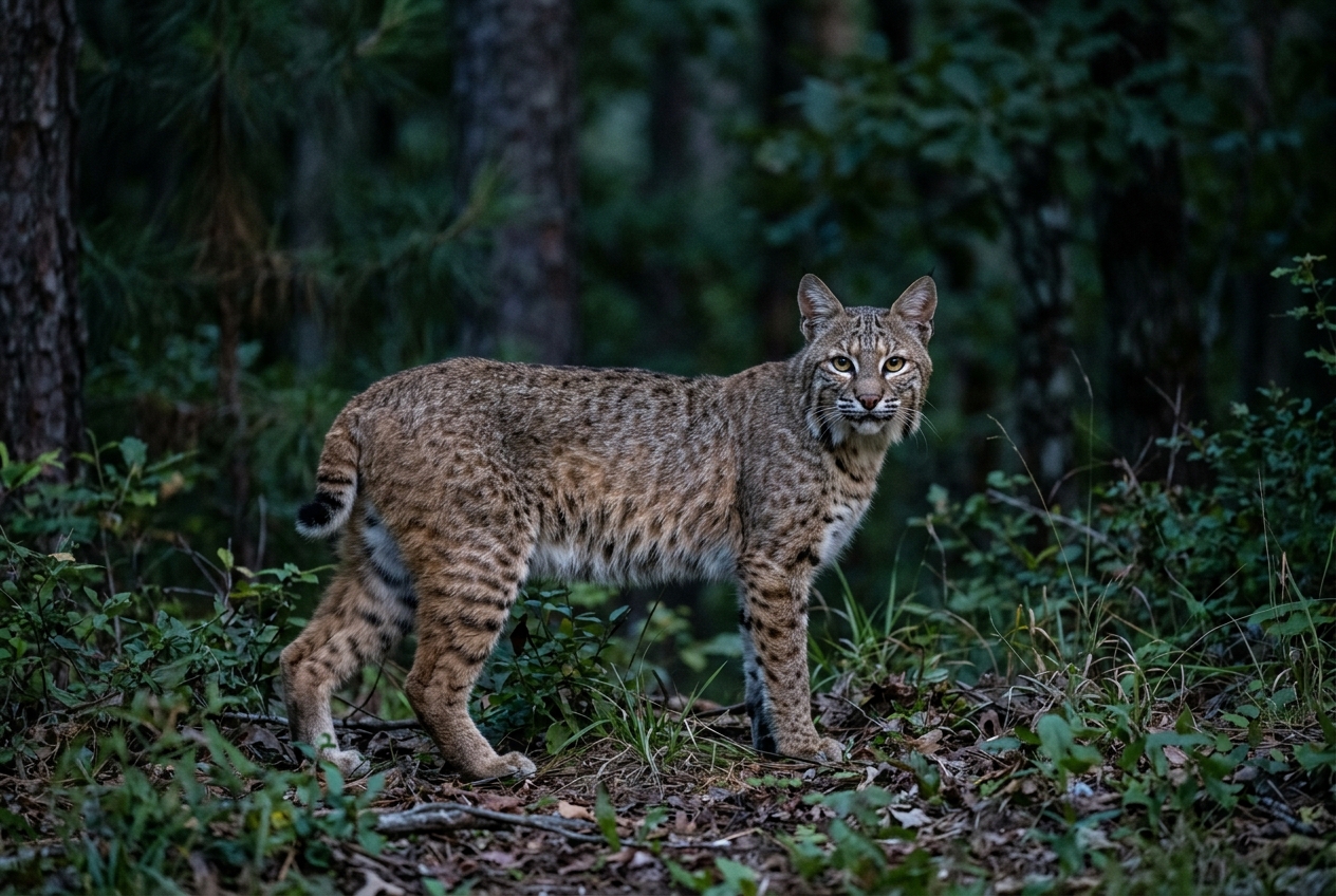 A bobcat pausing at the edge of a shadowed forest clearing at dusk, ears alert, mottled coat visible against dark tree trunks