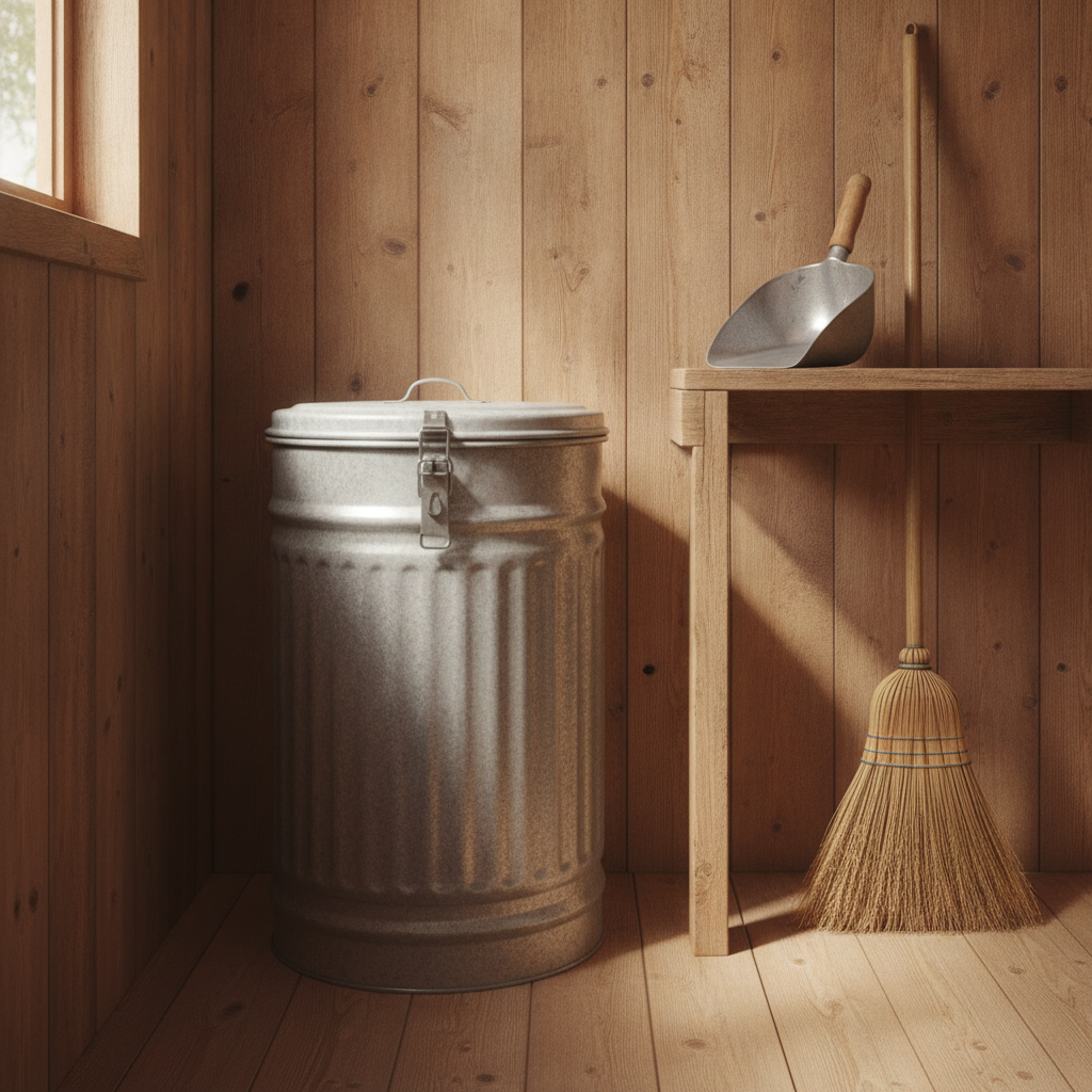 A steel garbage can with a locking lid holding chicken feed inside a clean coop storage area, wooden shelves and a broom in the background