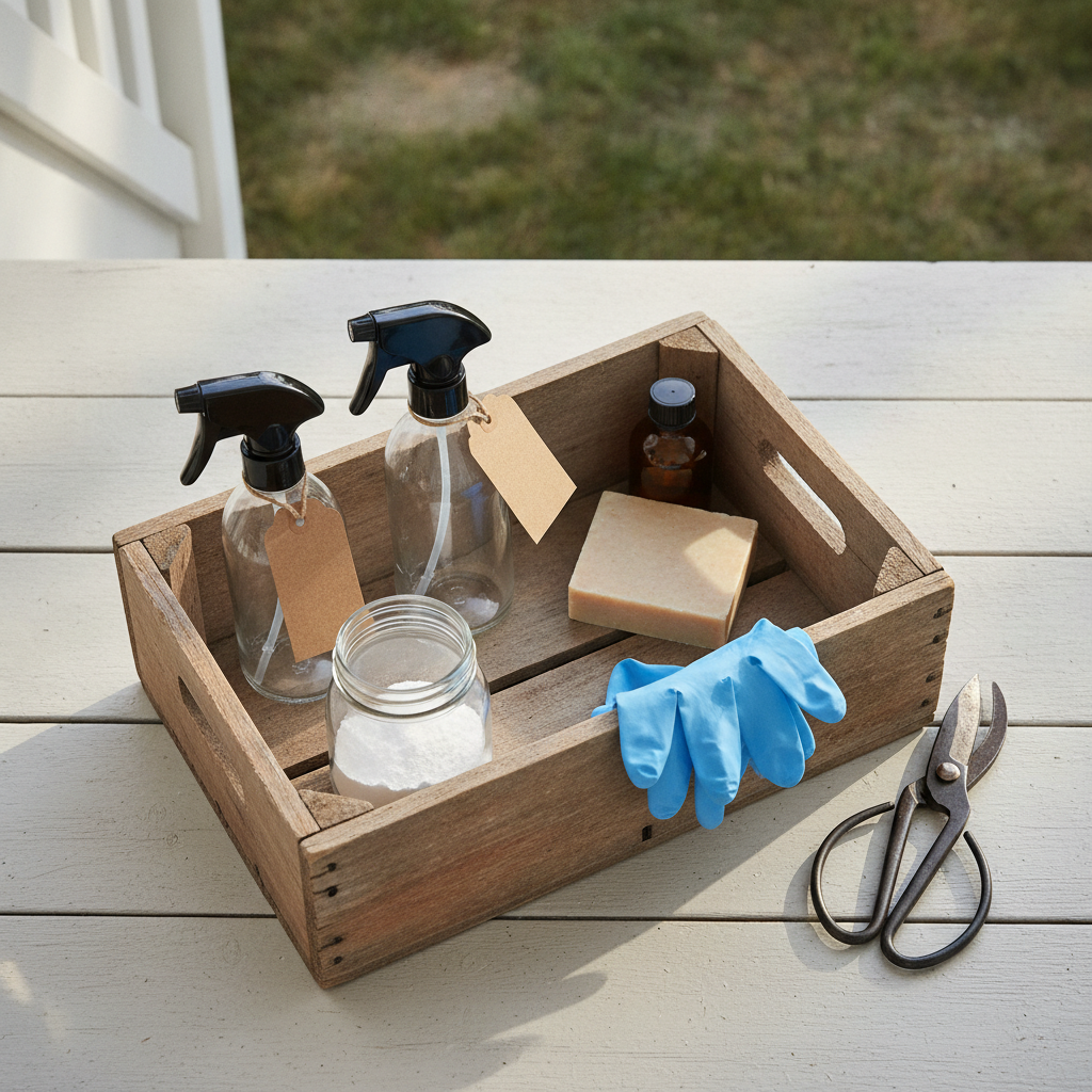 A tidy wooden crate on a back-porch step holds glass spray bottles of white vinegar, a jar of baking soda, a bar of castile soap, and a small bottle of neem oil beside garden shears