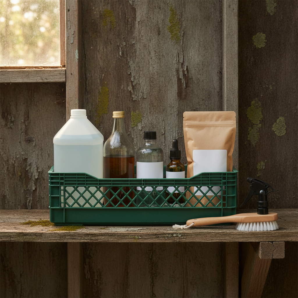 A milk crate on a wooden shelf holds labeled glass bottles of white vinegar, castile soap, hydrogen peroxide, neem oil, and a paper bag of diatomaceous earth, with a scrub brush and spray nozzle