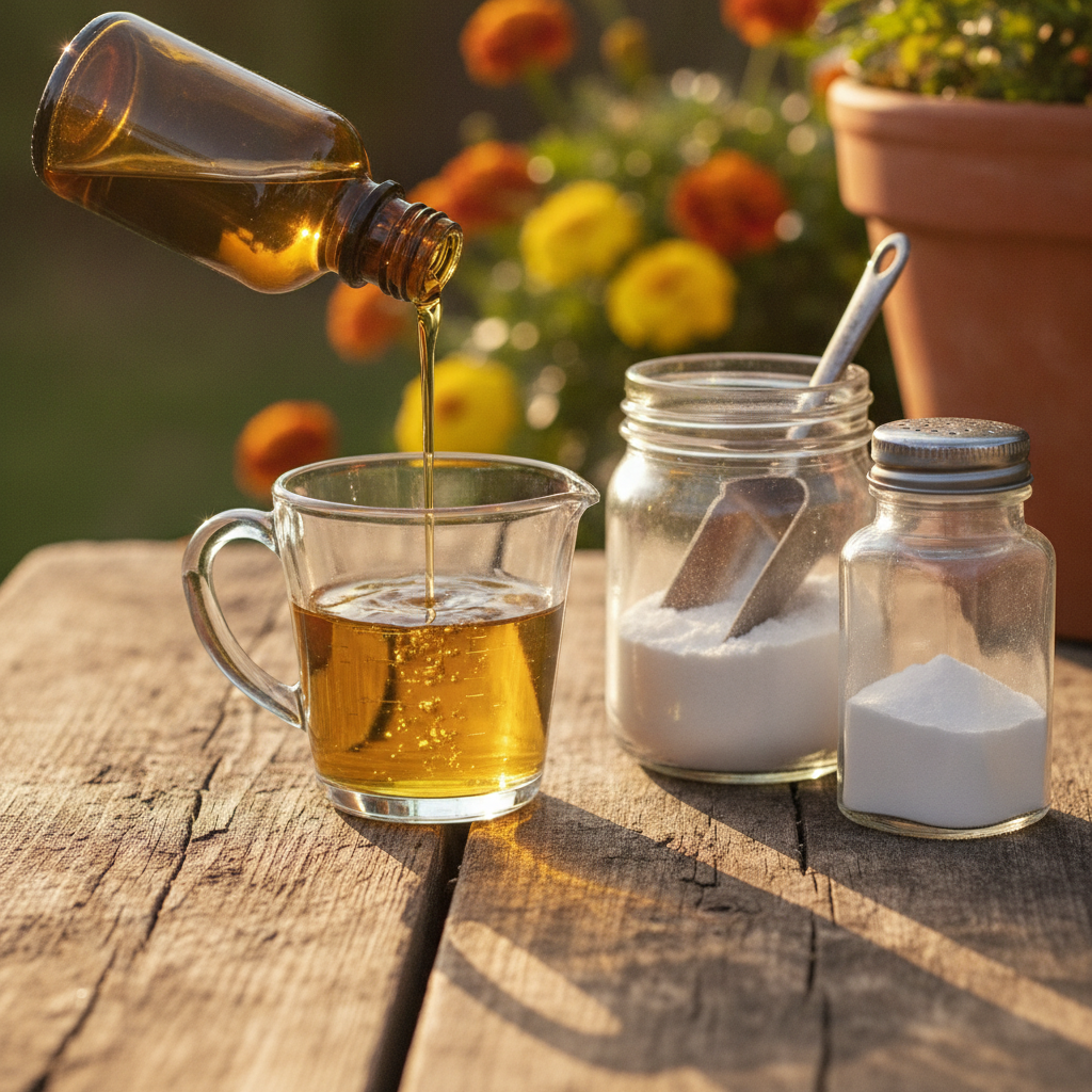 Close-up of neem oil being poured into a measuring cup beside a spray bottle, a jar of diatomaceous earth, and a shaker of baking soda on a garden workbench
