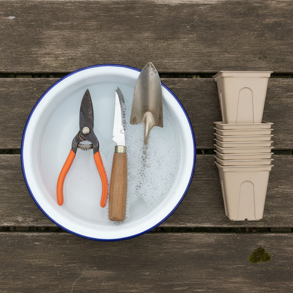 Pruning shears, a hori-hori knife, and a small hand trowel soaking in a shallow dish of hydrogen peroxide on a garden bench beside a stack of clean seed trays