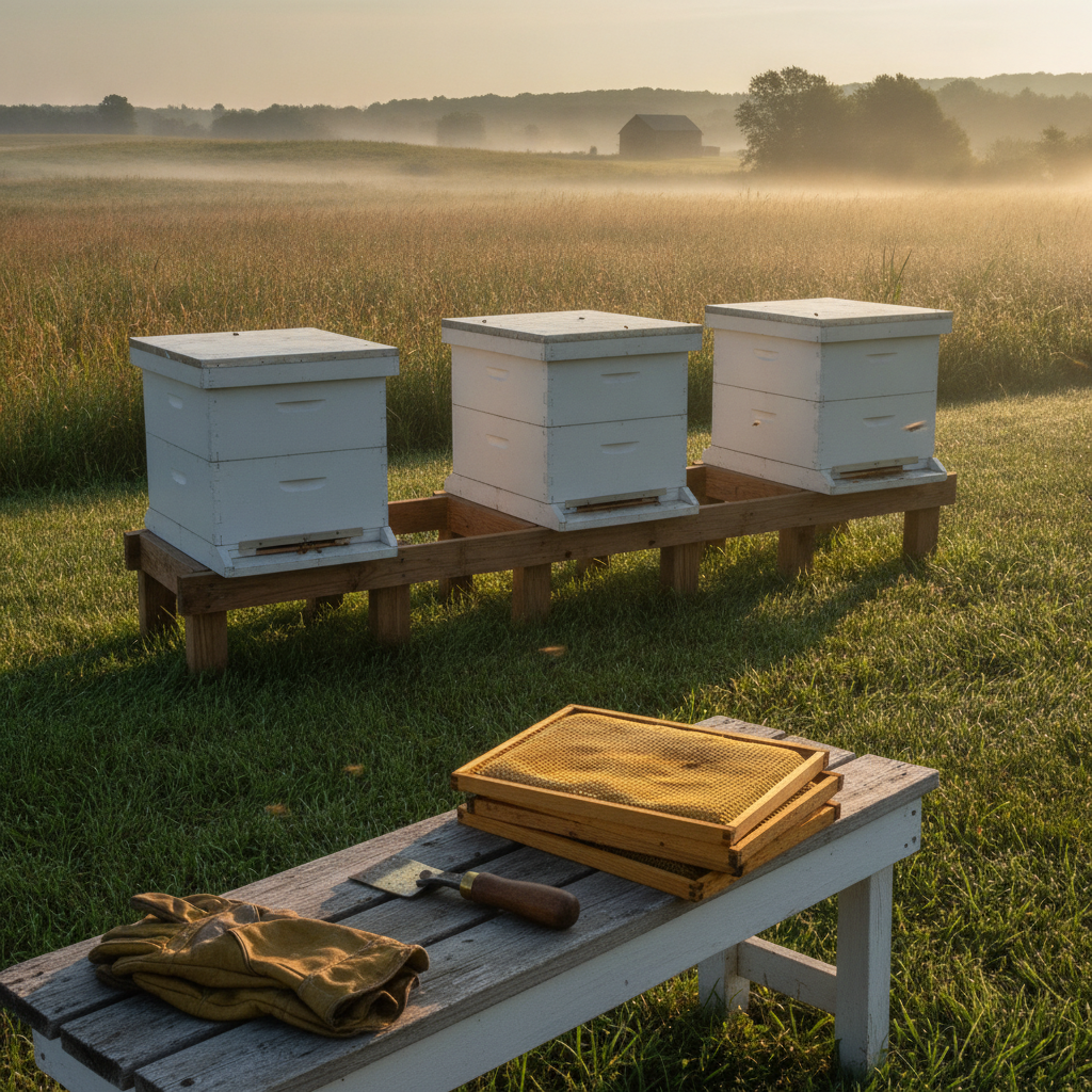 An open ABF Quarterly Magazine and a stack of Langstroth hive frames sitting on a weathered wooden bench beside a rural apiary at dawn