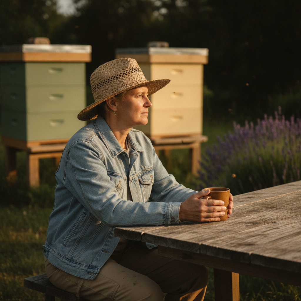 A homestead beekeeper in a straw hat and light jacket reading a printed magazine at a garden table beside two painted Langstroth hives in soft afternoon light