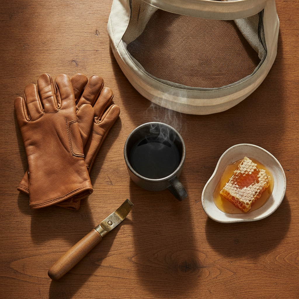 A homestead kitchen table with an ABF Quarterly Magazine open beside a printed membership renewal form, a mug of coffee, and a pair of leather beekeeping gloves