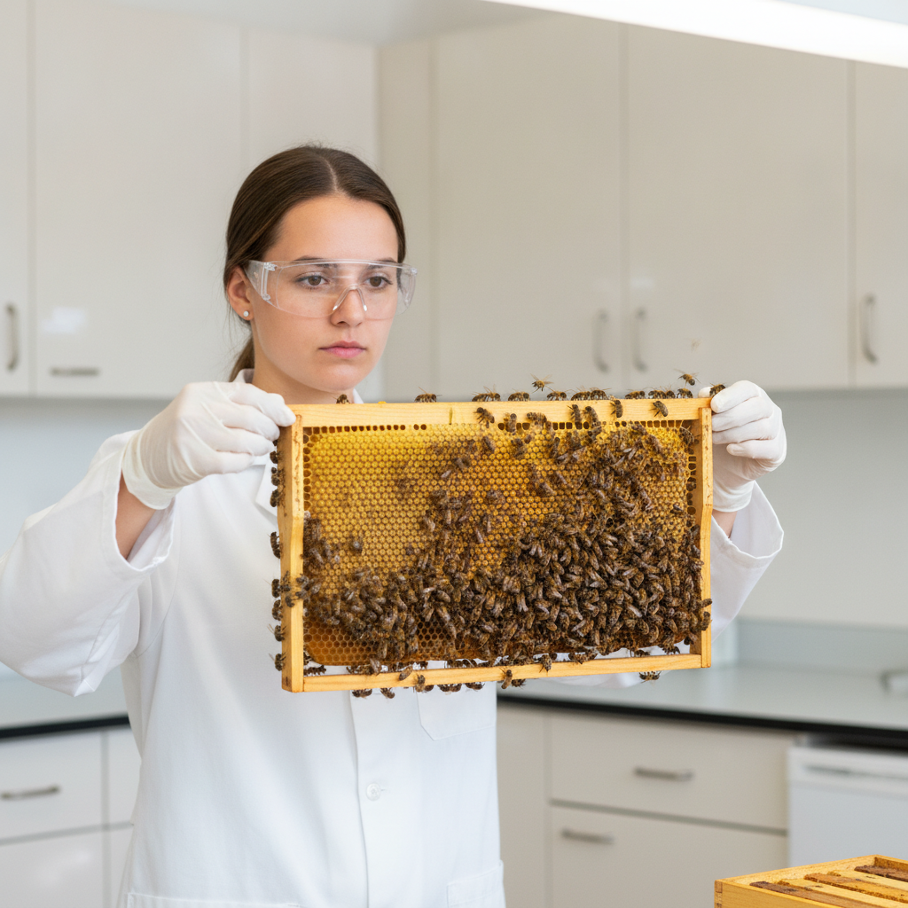 A young researcher in a lab coat examining a frame of honey bees under bright light in a university apiculture lab, with a poster describing colony health research pinned to the wall behind her