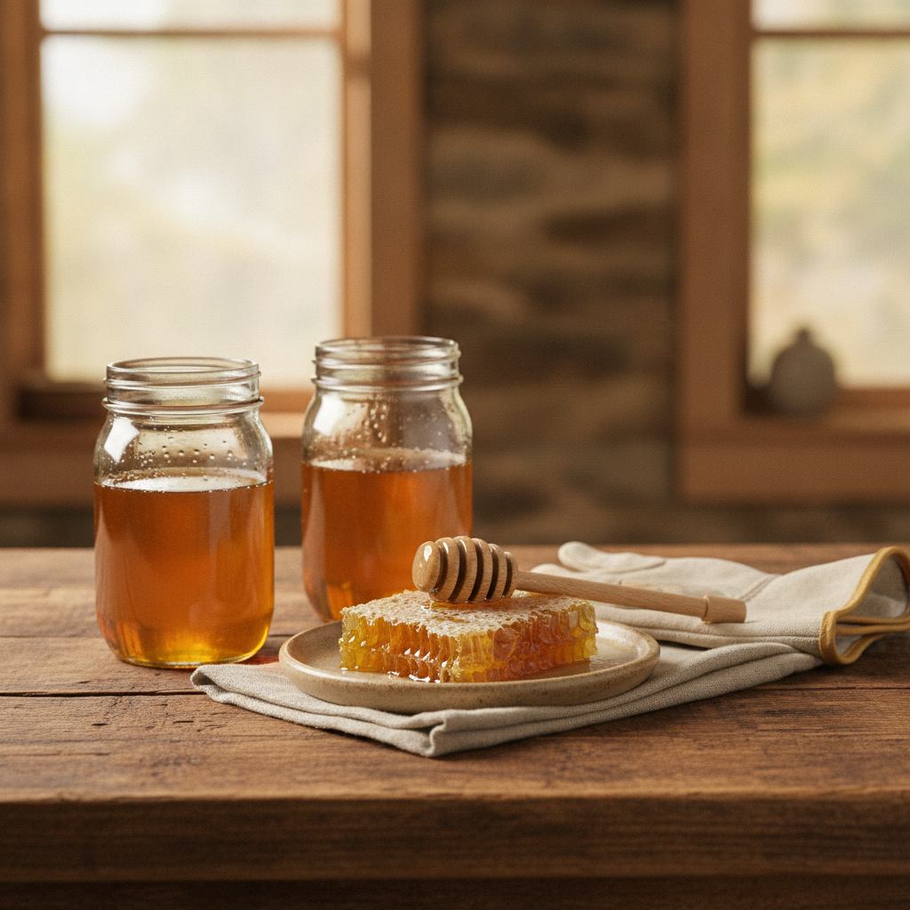A rustic wooden table with two glass jars of amber honey, a wooden honey dipper, a slice of honeycomb on a stoneware plate, and a folded canvas beekeeping glove