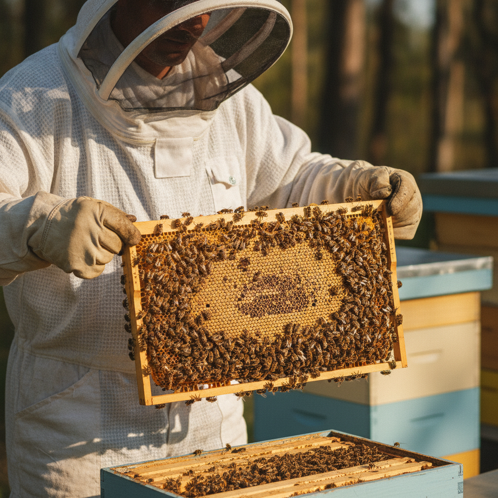 A gloved beekeeper in a white veil holding a frame of honey bees during a hive inspection, with capped brood visible in the center of the frame