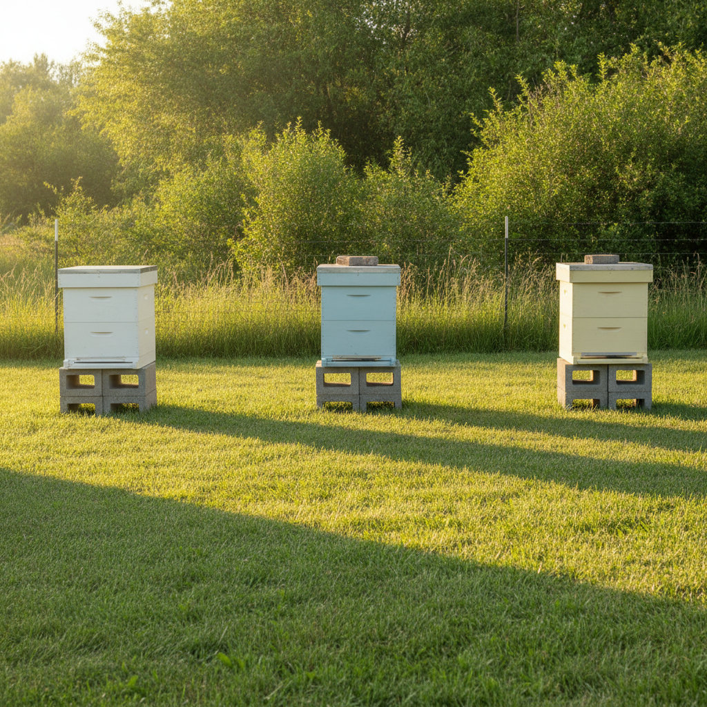 A row of white and pale-blue Langstroth hives on cinder block stands facing south in a fenced garden clearing with morning sun and a hedgerow behind