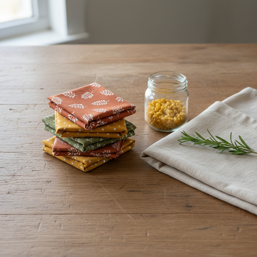 Stack of homemade beeswax food wraps in autumn colors on a wooden farmhouse table beside a jar of beeswax pellets and a folded apron