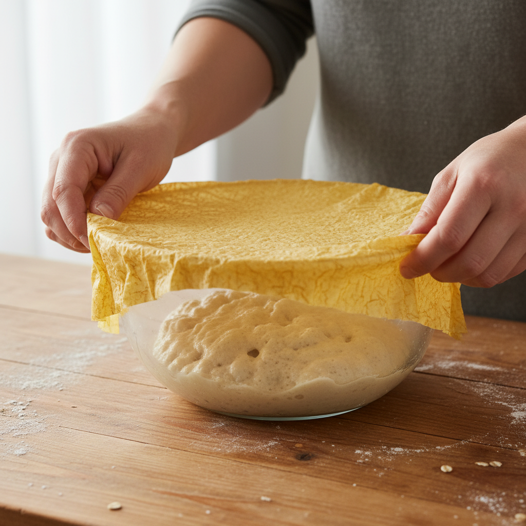 Hands pressing a homemade beeswax wrap around the rim of a glass mixing bowl filled with bubbling sourdough starter on a wooden farmhouse counter