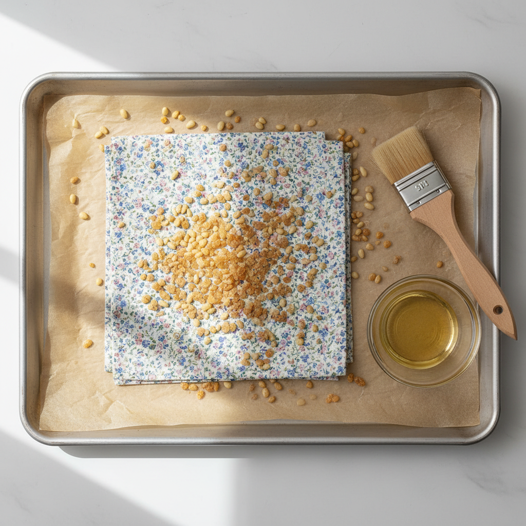 Beeswax pellets and pine resin scattered across a parchment-lined sheet pan with a folded square of patterned cotton fabric ready for the oven