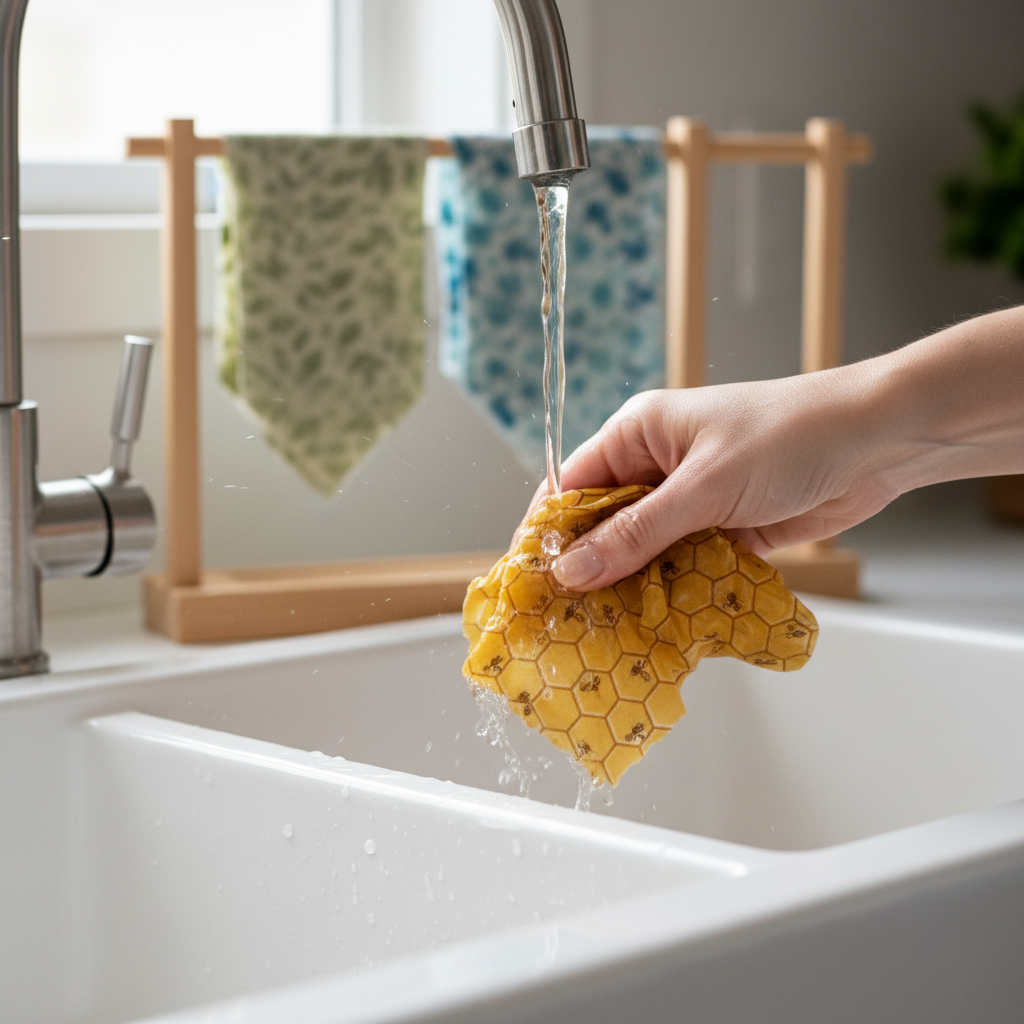 A homesteader's hand rinses a yellow beeswax wrap under cold tap water in a farmhouse sink, with a wooden drying rack visible in the background
