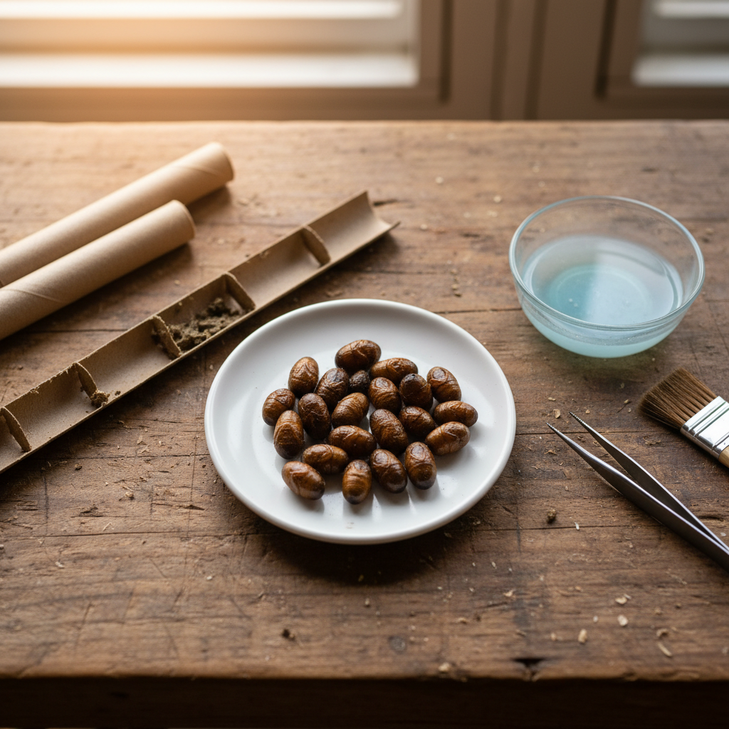 Close-up of a fall cocoon harvest, with cleaned mason bee cocoons arranged on a tray next to opened cardboard nesting tubes and a small dish of dilute bleach solution