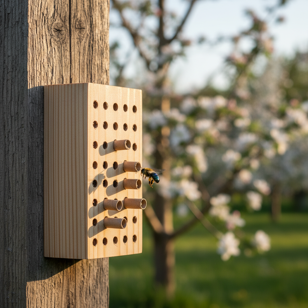 A wooden mason bee house mounted on a fence post in a spring garden, with cardboard nesting tubes visible inside and a mason bee approaching the entrance