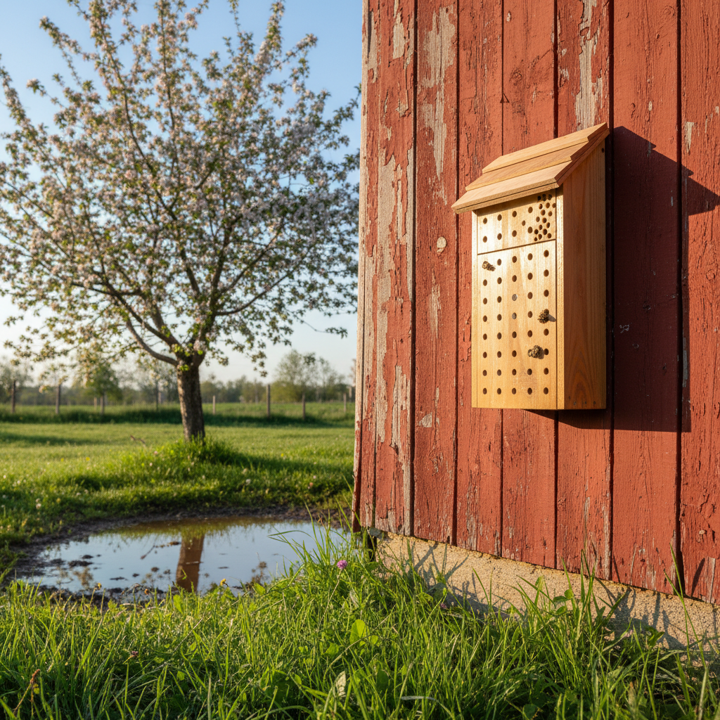 A south-facing wooden mason bee house mounted on a barn wall about five feet off the ground, with a small mud puddle visible at the base of a nearby fruit tree